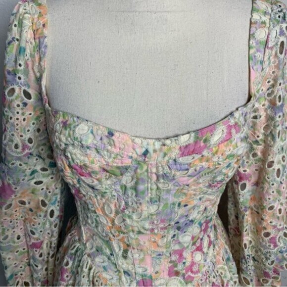 NWT Bardot Lila Flounce Broderie Pastel Floral Long Sleeve Mini Dress - Picture 8 of 13